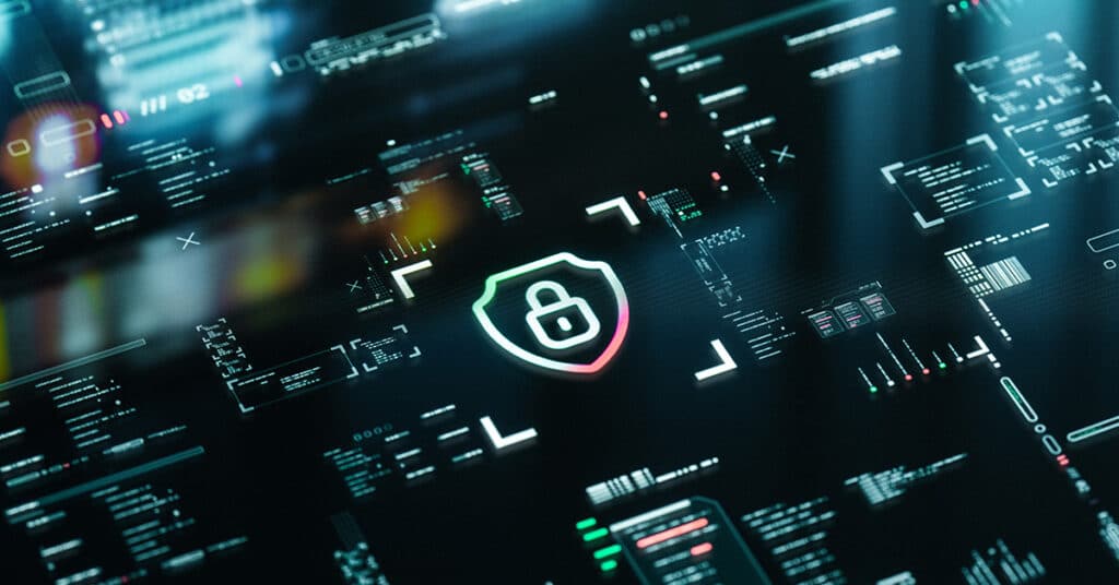 graphic of screen with shield and lock emblem evoking Motus Prioritizes Data Security and Privacy