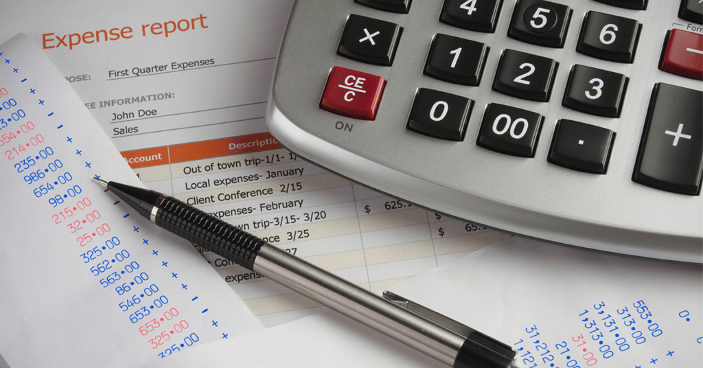 image of receipts calculator and expense report evoking Employee Expense Reimbursement