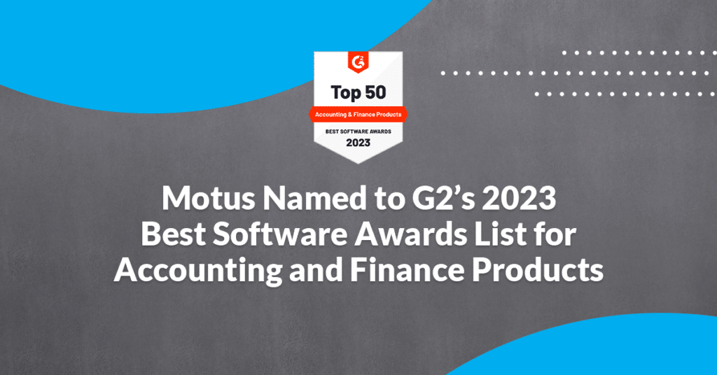 graphic stating "Motus Named to G2’s 2023 Best Software Awards List for Accounting and Finance Products"