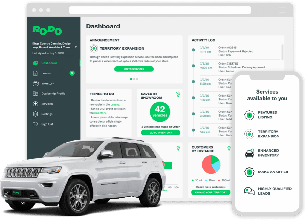 Information about cars with a white car and a phone screen listing available services